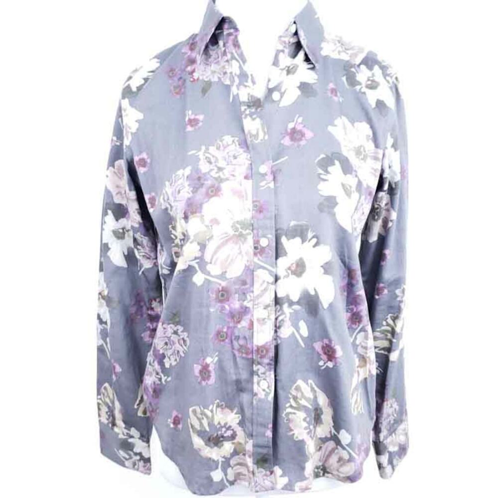Chaps Floral Button Down Shirt Gray, Purple Small, Cotton Flower, Large Print